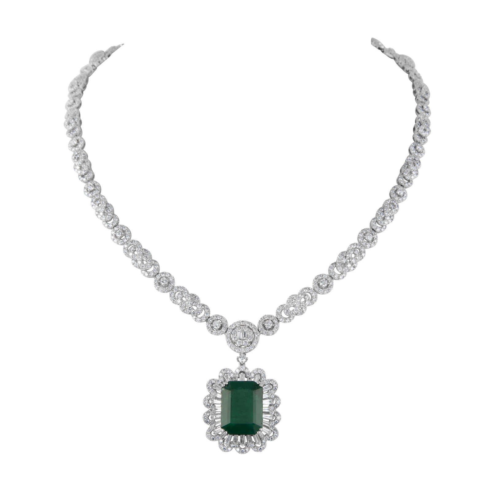23.92ct Emerald Cut Zambian Emerald and Diamond Necklace 18k White Gold (1 of 4)