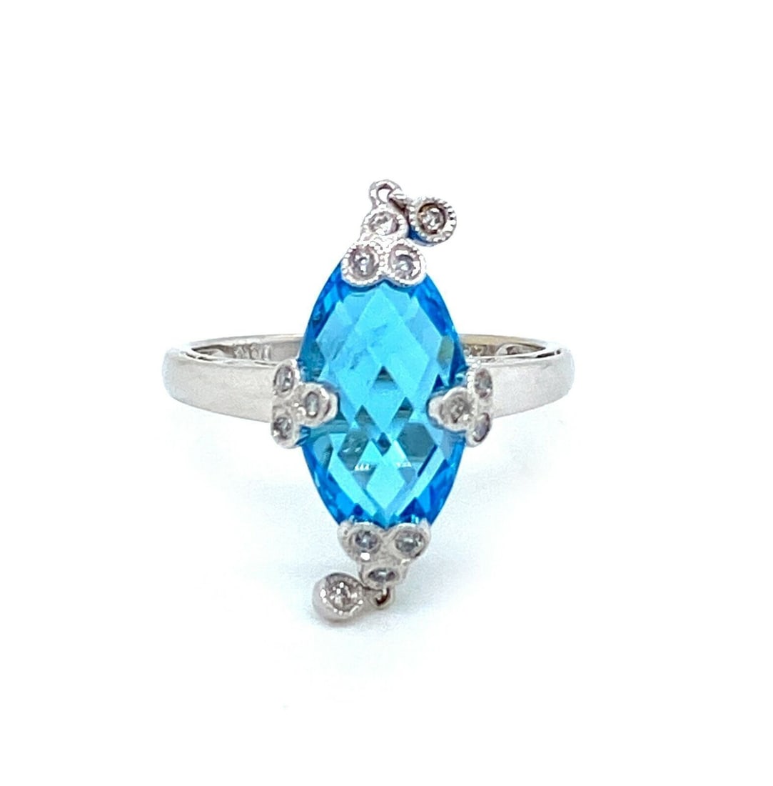 Marquise Blue Topaz and Diamond Dangle Ring in 14k White Gold Size 9.5 (1 of 8)