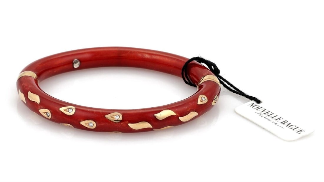 Red Enamel Bangle Bracelet in 18k Gold and Sterling with Diamond by Nouvelle Bague: Red Enamel Bangle Bracelet in 18k Gold and Sterling with Diamond by Nouvelle Bague This Nouvelle Bague bangle bracelet features a striking red enamel design crafted from 925 sterling silver and accent
