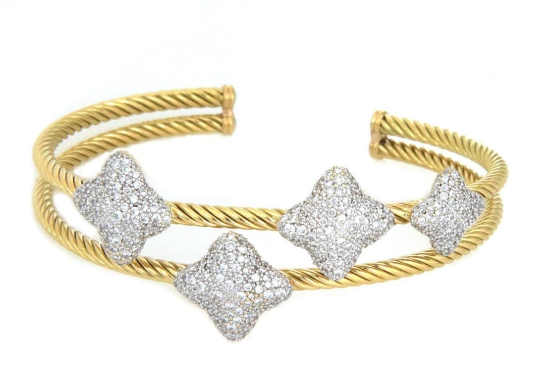 18k Gold Diamond Cuff Bracelet with Quatrefoil Double Cable Design by David Yurman: 18k Gold Diamond Cuff Bracelet with Quatrefoil Double Cable Design by David Yurman This authentic David Yurman cuff bracelet is crafted in 18k yellow and white gold, featuring a double cable band desi