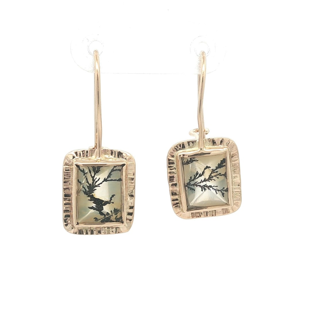 Dendrite Quartz 14k Yellow Gold Vintage Dangle Drop Earrings for Women: Dendrite Quartz 14k Yellow Gold Vintage Dangle Drop Earrings for Women These vintage dangle drop earrings feature natural dendrite quartz stones in a buff top rectangular cut, bezel set in solid 14k y