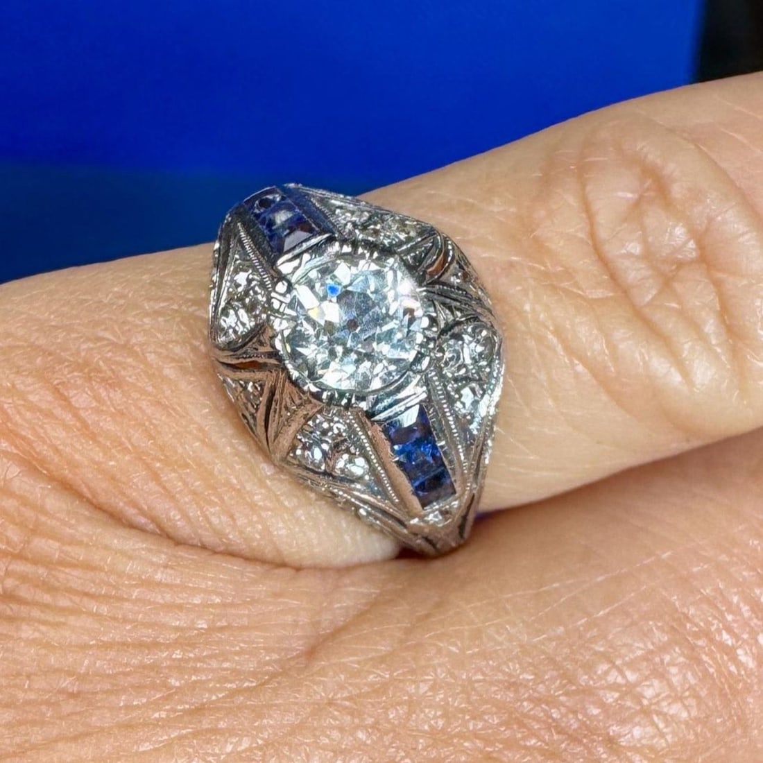 Art Deco Platinum Ring with Diamond and Sapphire Accents (1 of 3)