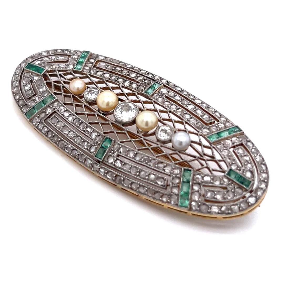 Antique 18K Gold Platinum Pearl Diamond Brooch 2.50 Ct: Antique 18K Gold Platinum Pearl Diamond Brooch 2.50 Ct This exquisite antique brooch is crafted from 18K gold and platinum, showcasing a stunning array of natural pearls and diamonds. Weighing 12.3 gr