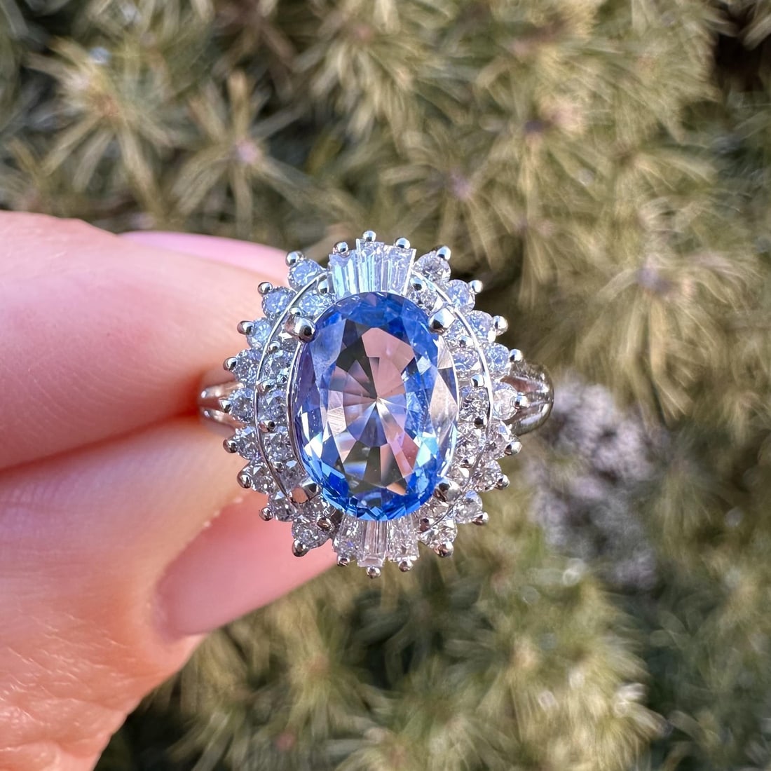 GIA Certified Platinum Ring With No Heat Ceylon Sapphire And Diamond Halo (1 of 13)