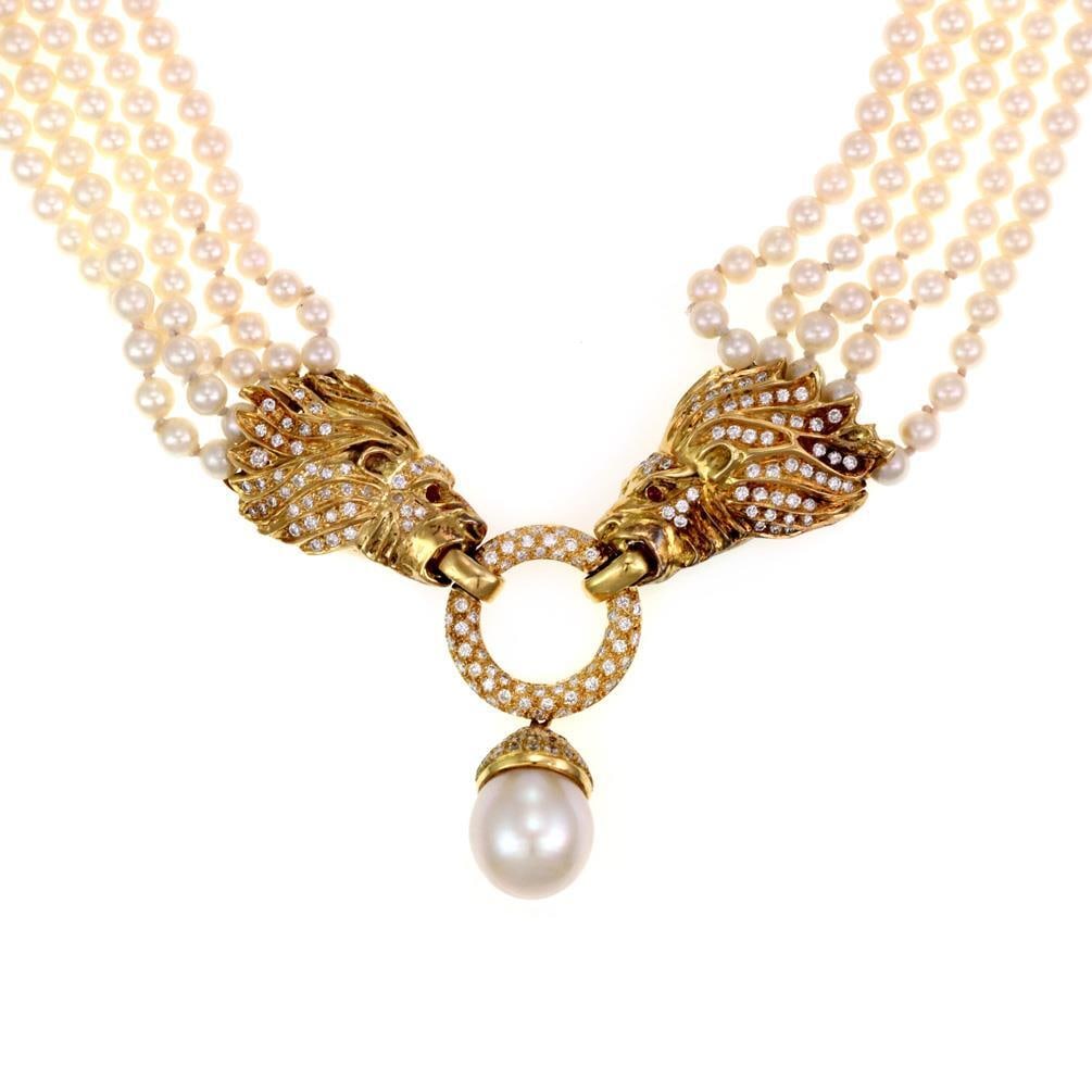 Estate 18k Gold Lion Head Necklace 2.50ct Diamonds 5 Strand Pearls: Estate 18k Gold Lion Head Necklace 2.50ct Diamonds 5 Strand Pearls This stunning estate necklace features a captivating design crafted from 18k yellow gold. The centerpiece showcases a double lion hea