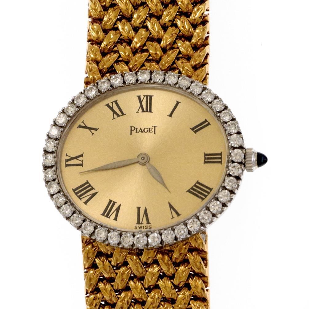 Piaget 1ct Diamond 18k Gold Oval Cushion Ladies Watch: Piaget 1ct Diamond 18k Gold Oval Cushion Ladies Watch This stunning Piaget ladies dress watch features an elegant oval cushion shape case crafted from 18k yellow and white gold. The tapered band showc