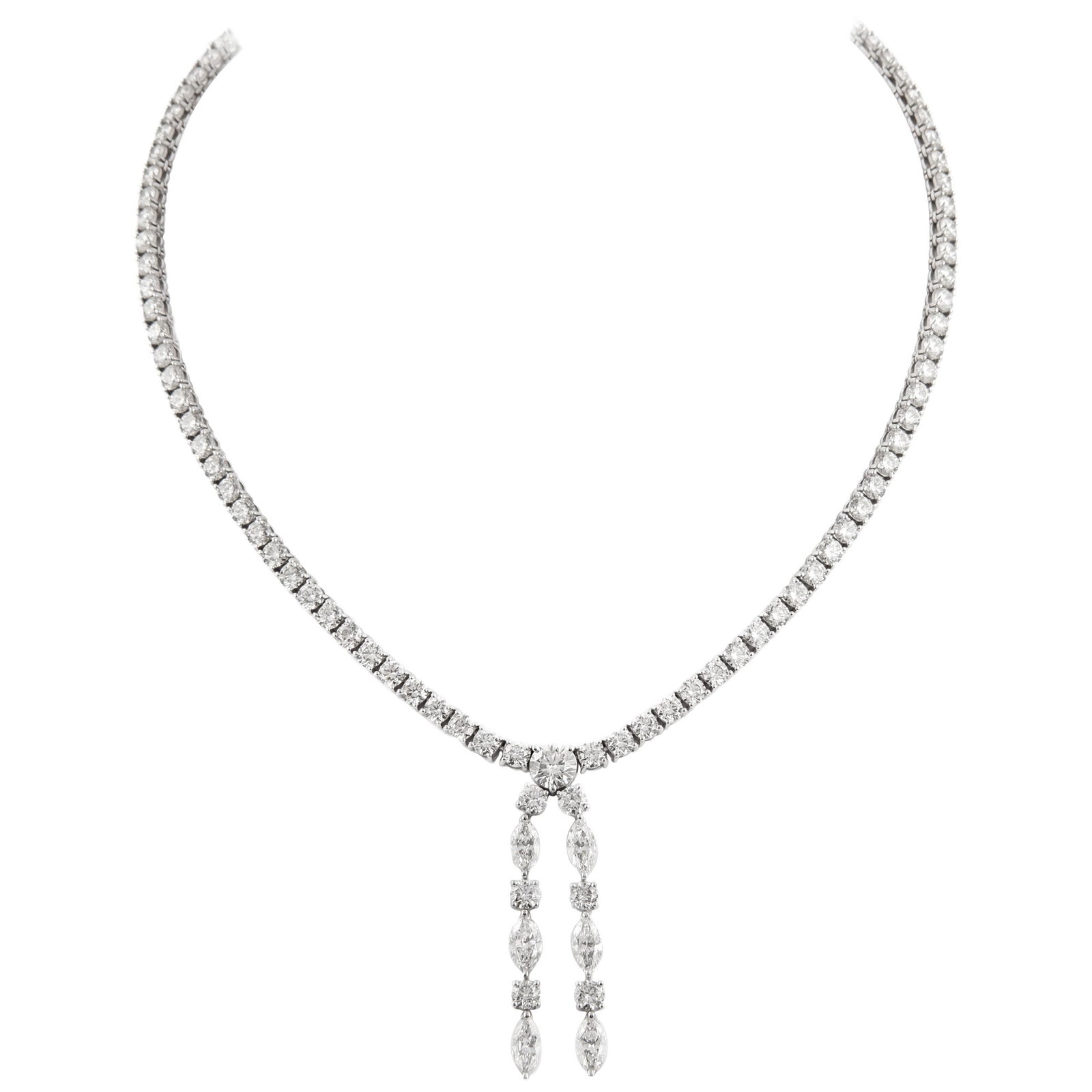 23.21 Carat Diamond Drop Necklace in 18k White Gold with GIA Center Stone: 23.21 Carat Diamond Drop Necklace in 18k White Gold with GIA Center Stone This stunning drop tennis necklace showcases a unique diamond bow motif, elegantly crafted in 18k white gold. It features a to