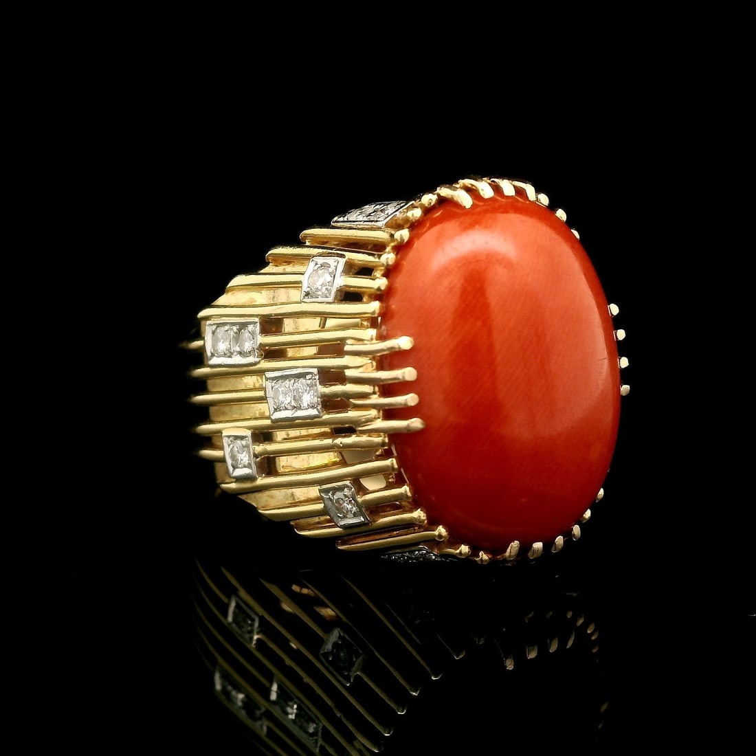 Vintage Handmade 17-18K Yellow Gold Coral Diamond Cocktail Ring (1 of 17)