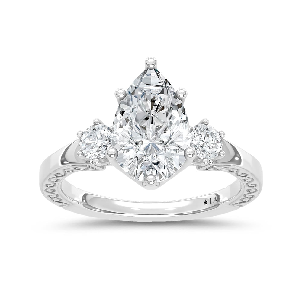 14K White Gold Lab Grown Round and Pear Diamond 2 1/3 Ct.Tw. Engagement Ring (IGI Certified Center: 14K White Gold Lab Grown Round and Pear Diamond 2 1/3 Ct.Tw. Engagement Ring (IGI Certified Center 2ct) 14k White Gold Stone Color: D-f Stone Clarity: Vs Each ring is presented in standard size 6.5. C