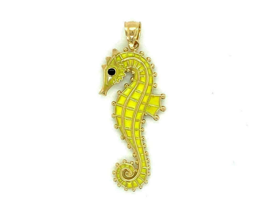 14k Gold Pendant Double Sided Yellow Enamel Seahorse Charm: 14k Gold Pendant Double Sided Yellow Enamel Seahorse Charm This pendant features a double-sided seahorse design crafted in 14k yellow gold with vibrant yellow enamel detailing. The unique charm is ide
