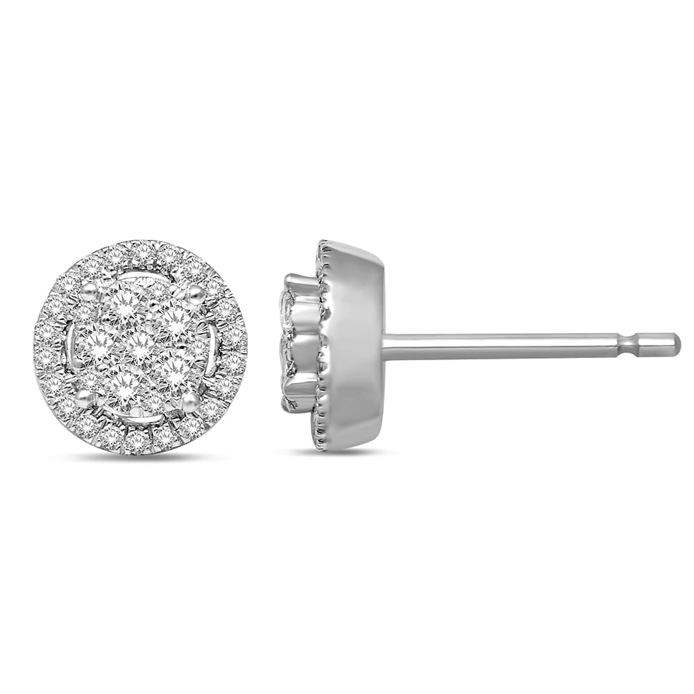 14K White Gold 3/4 Ct.Tw. Diamond Flower Stud Earrings: 14K White Gold 3/4 Ct.Tw. Diamond Flower Stud Earrings These Stud Earrings Fashioned In 14K White Gold, Each Earrings Features A Round Diamond Center Stone Surrounded By A Shimmering Frame Of Round Ac