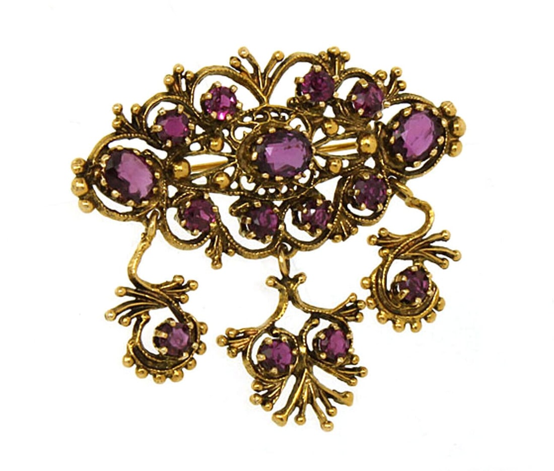 14k Gold Antique Floral Pendant Pin Brooch with Amethyst and Tourmaline Dangles: 14k Gold Antique Floral Pendant Pin Brooch with Amethyst and Tourmaline Dangles This antique brooch features a floral dangle design, set with amethyst and pink tourmaline gemstones in 14k yellow gold.