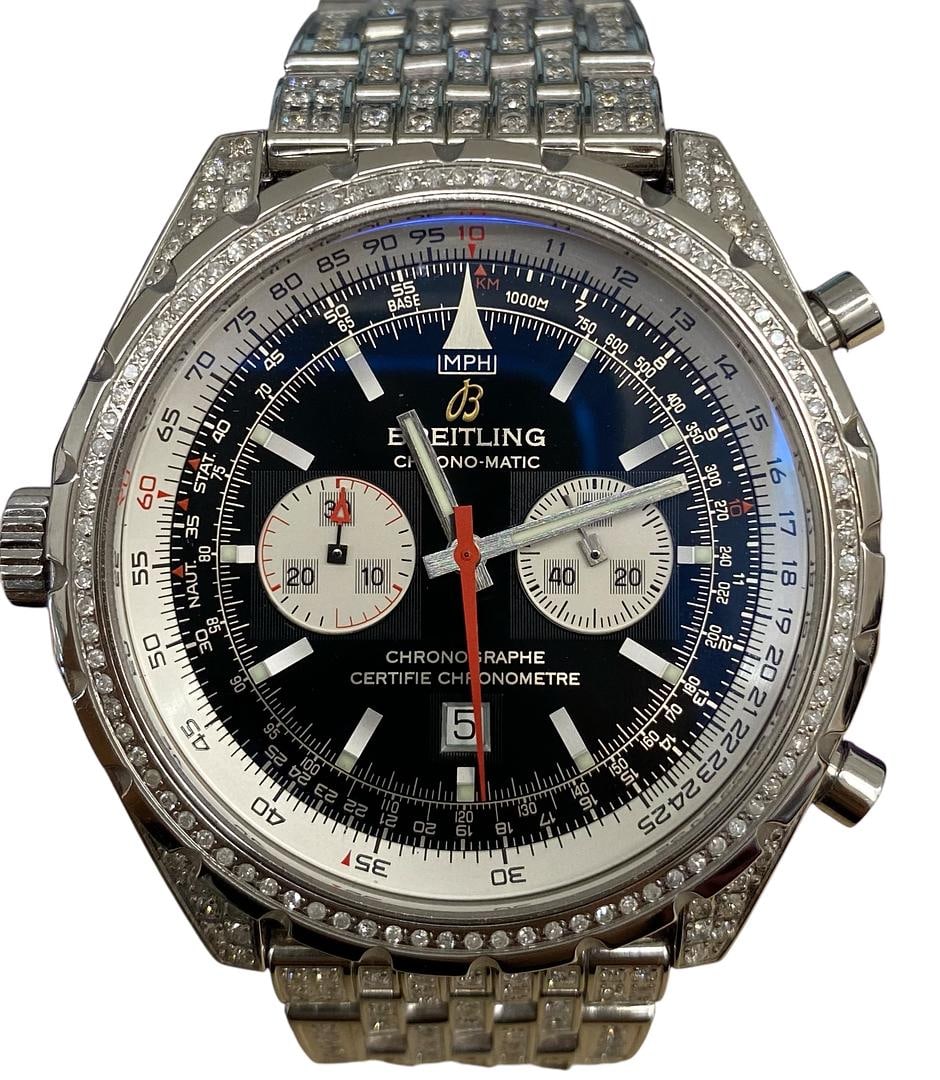 Breitling Chrono Matic A41360 Black Dial Diamond Bracelet Men's Watch: Breitling Chrono Matic A41360 Black Dial Diamond Bracelet Men's Watch This Breitling Chrono Matic wristwatch, reference A41360, features a black dial and a distinctive diamond bracelet. Designed for m