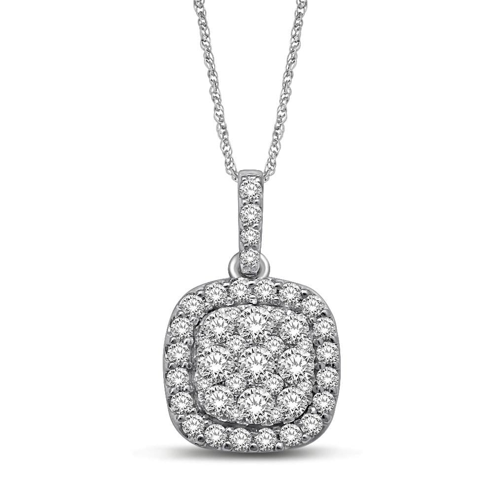 14K White Gold 1 1/4 Ct.tw Invisible Diamond Fashion Pendant: 14K White Gold 1 1/4 Ct.tw Invisible Diamond Fashion Pendant Fashioned in 14K white gold, this pendant showcases a round shape round diamonds center stone and surrounded by double frame of smaller acc
