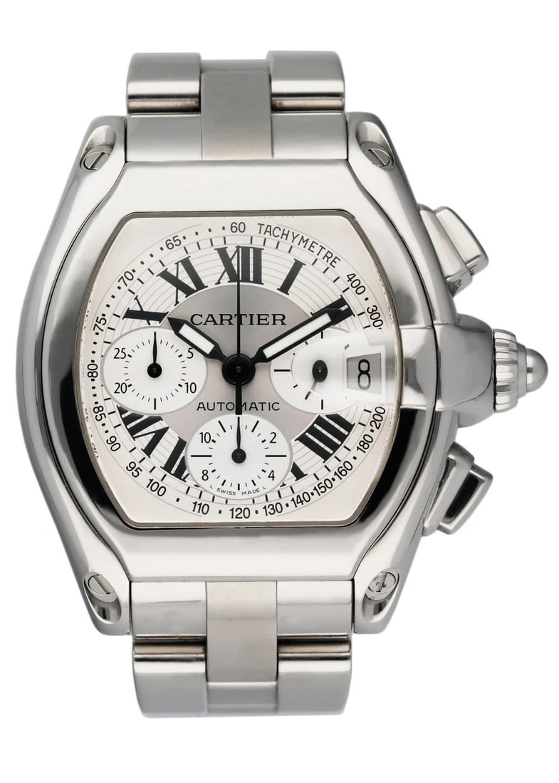 Cartier Roadster XL Chronograph Ref 2618 Silver Roman Dial Papers 2004: Cartier Roadster XL Chronograph Ref 2618 Silver Roman Dial Papers 2004 This Cartier Roadster XL Chronograph features a silver dial with Roman numeral hour markers and comes with warranty papers dated