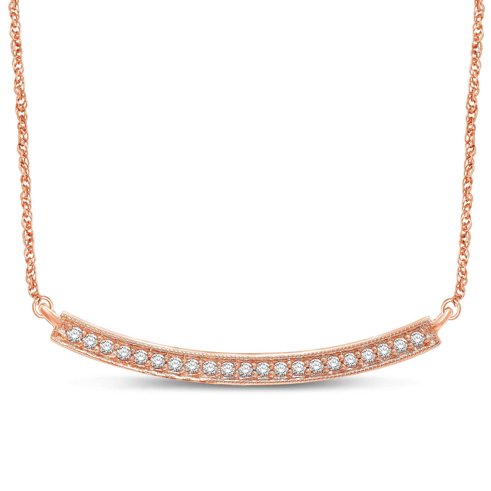 14K Rose Gold 1/6 Ct.Tw. Diamond Stackable Necklace: 14K Rose Gold 1/6 Ct.Tw. Diamond Stackable Necklace This Beautiful Necklace Is Available In 14K Rose Gold. There Are 21 Round Diamonds With A Total Carat Weight Of 1/6 Ct Set In A Shared Prong Setting