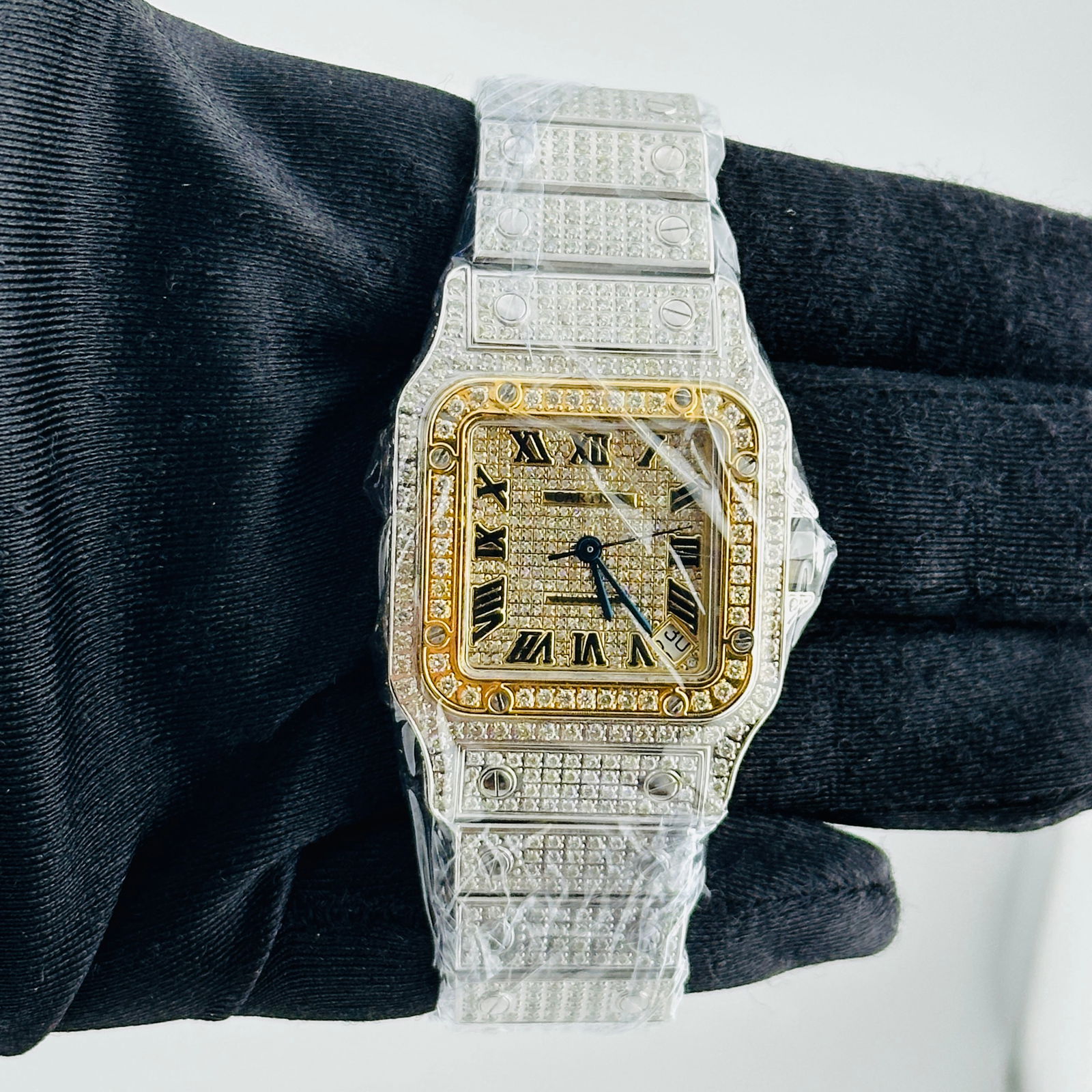 Cartier Santos Galbee XL Ref 2823 Ladies Watch With Aftermarket Diamond Dial: Cartier Santos Galbee XL Ref 2823 Ladies Watch With Aftermarket Diamond Dial This Cartier Santos Galbee XL watch features an aftermarket diamond Roman numeral dial and a diamond-set bracelet. The beze