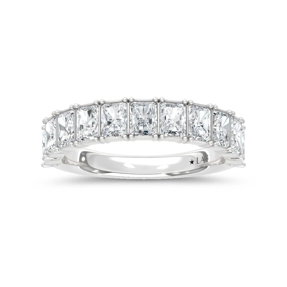 14K White Gold Lab Grown Diamond Radiant Cut Shape 1 3/4 Ct.Tw. Half Way Band: 14K White Gold Lab Grown Diamond Radiant Cut Shape 1 3/4 Ct.Tw. Half Way Band 14k White Gold Stone Color: D-f Stone Clarity: Vs Each ring is presented in standard size 6.5. Complimentary resizing is a