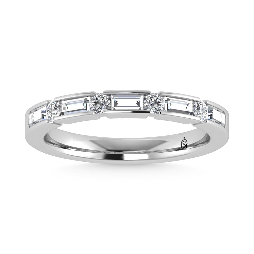 14K White Gold Diamond 1/2.Ct. Tw. Mens Machine Band: 14K White Gold Diamond 1/2.Ct. Tw. Mens Machine Band 14k White Gold Stone Color: G-h Stone Clarity: Si2 Each ring is presented in standard size 6.5. Complimentary resizing is available between sizes 5