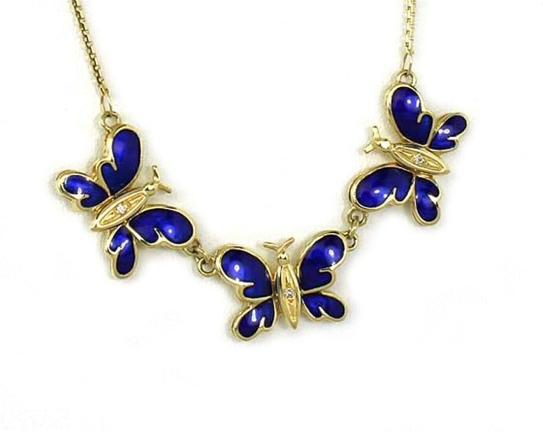 Vintage 14k Gold Choker Necklace with Diamond and Enamel Butterfly Trio: Vintage 14k Gold Choker Necklace with Diamond and Enamel Butterfly Trio This vintage choker necklace features a triple butterfly design, crafted from 14k yellow gold and accented with blue enamel and