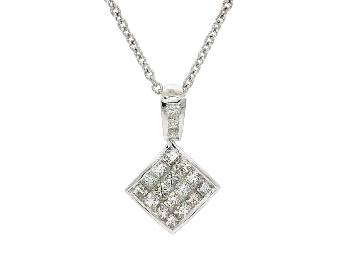 2.45ct White Gold Princess Diamond Pendant Necklace: 2.45ct White Gold Princess Diamond Pendant Necklace Featuring an exquisite design, this White Gold Invisible Princess Diamond Lozenge Fancy Pendant Necklace showcases a stunning collection of (19) nat