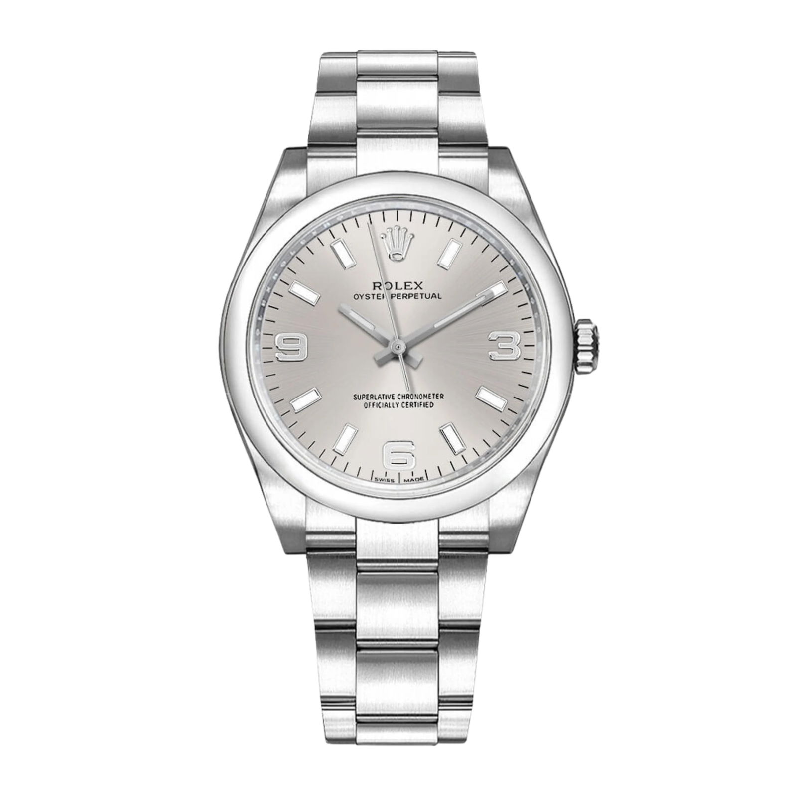 Rolex Oyster Perpetual Ref 114200 Silver Stick 369 Dial with Card 2010: Rolex Oyster Perpetual Ref 114200 Silver Stick 369 Dial with Card 2010 This Rolex Oyster Perpetual features a silver Stick 369 dial, complemented by a smooth bezel and an Oyster bracelet. The watch co