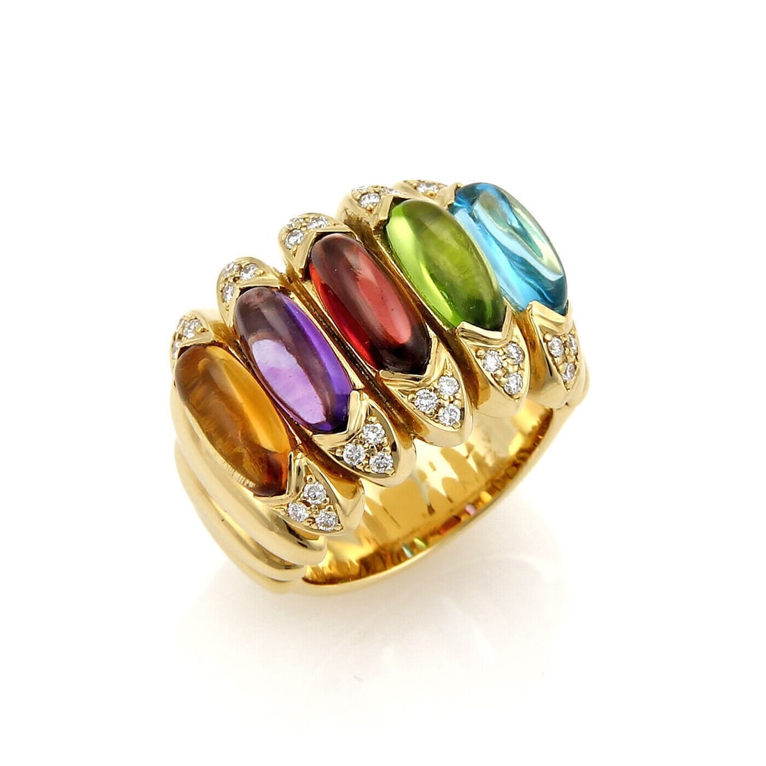 18k Yellow Gold Band Ring with Diamonds and Multicolor Gemstones Size 7: 18k Yellow Gold Band Ring with Diamonds and Multicolor Gemstones Size 7 This large band ring features a stunning combination of diamonds and multicolor gemstones, including garnet, citrine, amethyst,