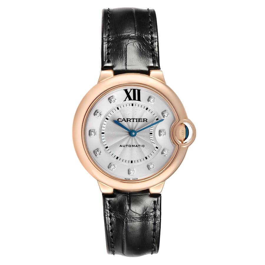 Ballon Bleu by Cartier Ref 3003 WE902028 Diamond Dial Leather Watch With Papers 2012: Ballon Bleu by Cartier Ref 3003 WE902028 Diamond Dial Leather Watch With Papers 2012 This Cartier Ballon Bleu watch features a silver factory diamond dial and a leather bracelet. The reference number