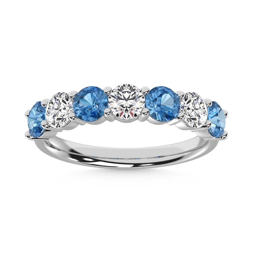14K White Gold 2 Ct.Tw. 7 Stone Alternate White and Blue Lab Grown Diamond Band: 14K White Gold 2 Ct.Tw. 7 Stone Alternate White and Blue Lab Grown Diamond Band Exquisite and bold, this 14K White Gold Band features 2 Ct.Tw. of alternating White and Blue Lab Grown Diamonds. The viv