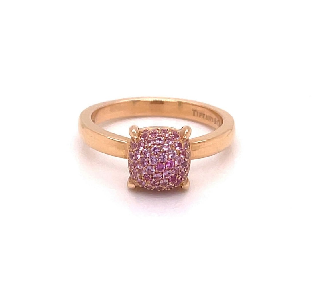Paloma Picasso Sugar Stacks Pink Sapphire 18k Rose Gold Ring Size 6: Paloma Picasso Sugar Stacks Pink Sapphire 18k Rose Gold Ring Size 6 This Tiffany & Co. Picasso Sugar Stacks ring features natural pink sapphires set in 18k rose gold. Designed by Paloma Picasso, the r
