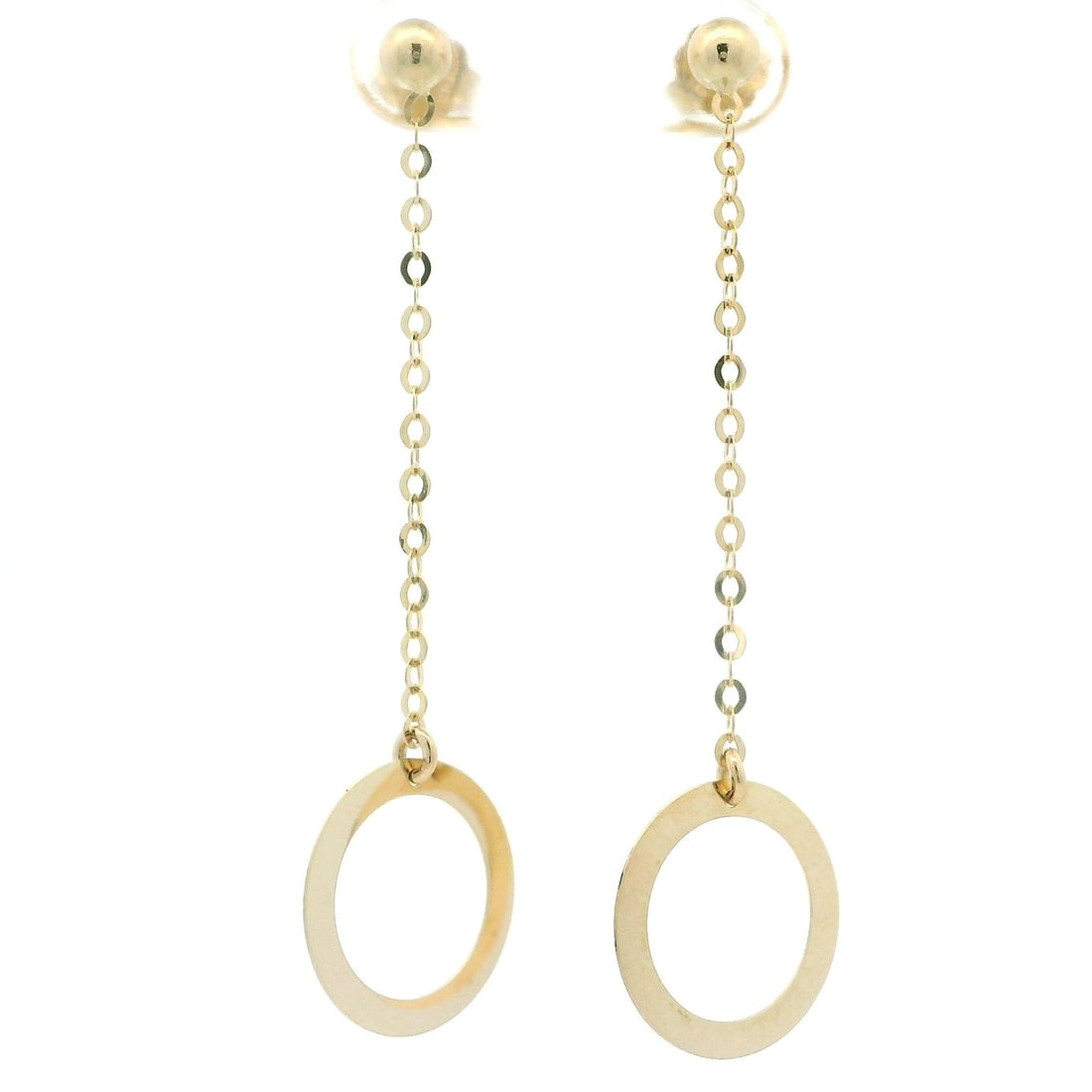 14K Yellow Gold Long Dangle Drop Earrings Open Circle Design: 14K Yellow Gold Long Dangle Drop Earrings Open Circle Design Elevate your style with these exquisite Dangle/Drop Earrings, crafted from solid 14K yellow gold. Featuring an open circle design with a ca