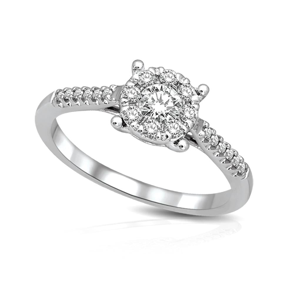 14K White Gold 3/4 Ct.tw Diamond Fashion Ring: 14K White Gold 3/4 Ct.tw Diamond Fashion Ring This 14K white gold Fashion Ring showcases 3/4 Ct.Tw. round diamond at center and surrounded by smaller diamonds. 14k White Gold Stone Color: Gh Stone Cla