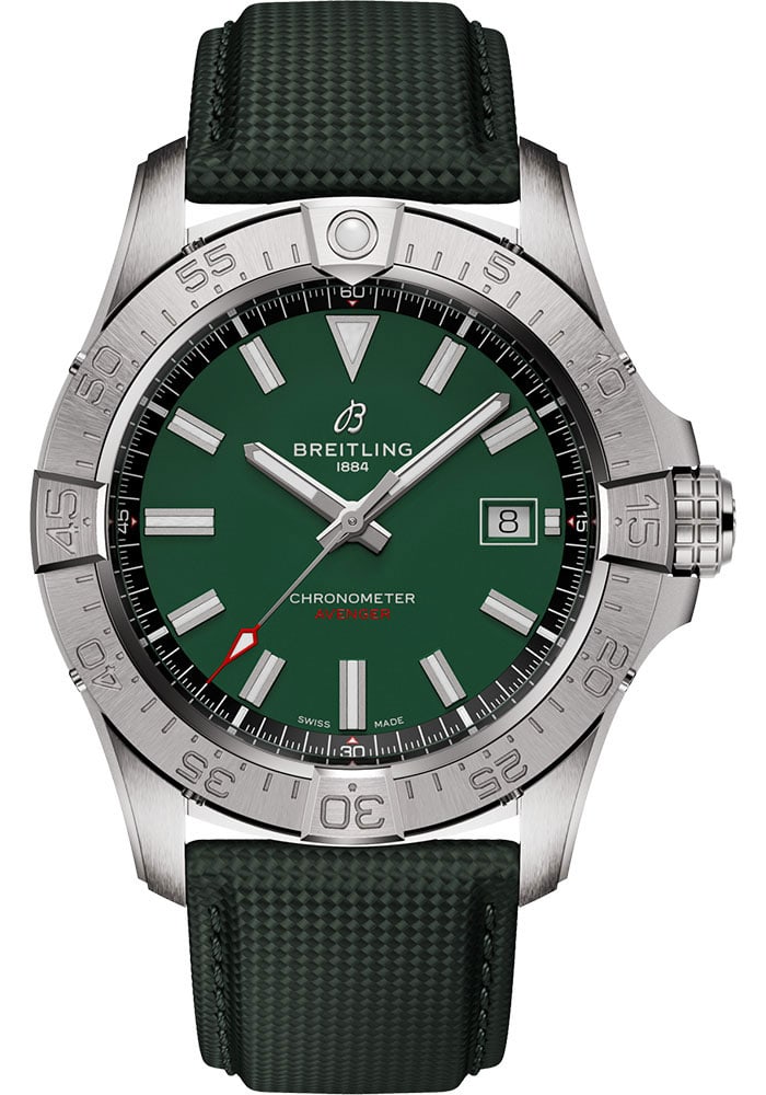 Avenger Automatic Green Face Mens Watch A17328101L1X1 with Leather and Card: Avenger Automatic Green Face Mens Watch A17328101L1X1 with Leather and Card This Breitling Avenger Automatic wristwatch features a striking green dial complemented by a rotating bezel. The watch is pa