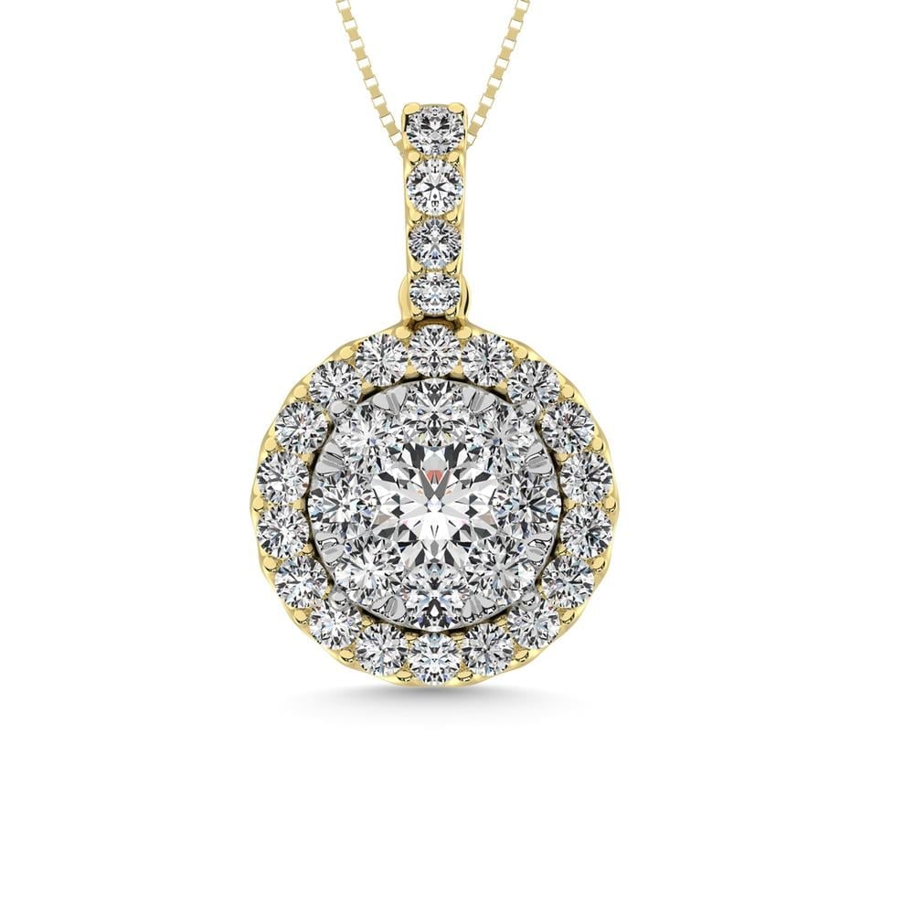 14K Yellow Gold 1 1/2 Ct.tw Diamond Fashion Pendant: 14K Yellow Gold 1 1/2 Ct.tw Diamond Fashion Pendant This double frame fashion pendant showcases round diamond of 1 1 /2 Ct.Tw. in prong setting. 14k Yellow Gold Stone Color: Gh Stone Clarity: Si1 Unle