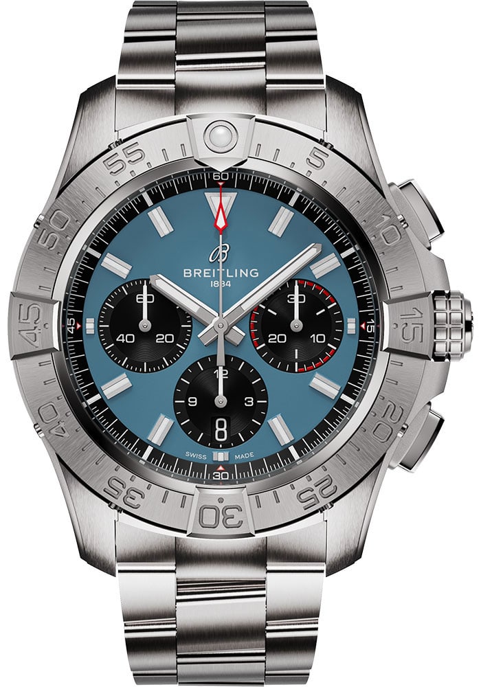 Avenger B01 Blue Dial Chronograph Watch Ref AB0147101C1A1 with Card: Avenger B01 Blue Dial Chronograph Watch Ref AB0147101C1A1 with Card This Breitling Avenger B01 Chronograph features a striking blue dial and a rotating bezel on a matching bracelet. The watch comes wi
