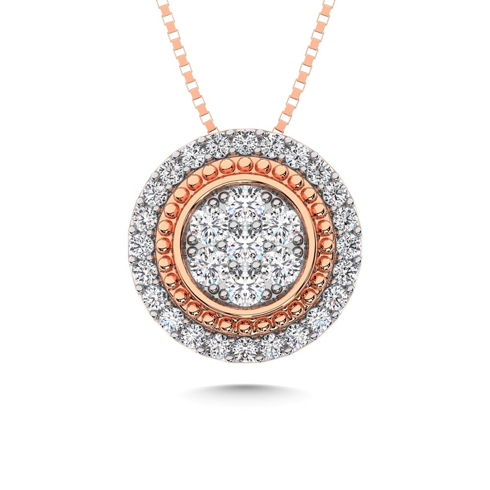 14K Rose Gold Diamond 1/3 Ct.Tw. Fashion Pendant: 14K Rose Gold Diamond 1/3 Ct.Tw. Fashion Pendant 14k Rose Gold Stone Color: G-h Stone Clarity: I1 Unless otherwise specified, pendants that include a chain are paired with our standard 18-inch length.