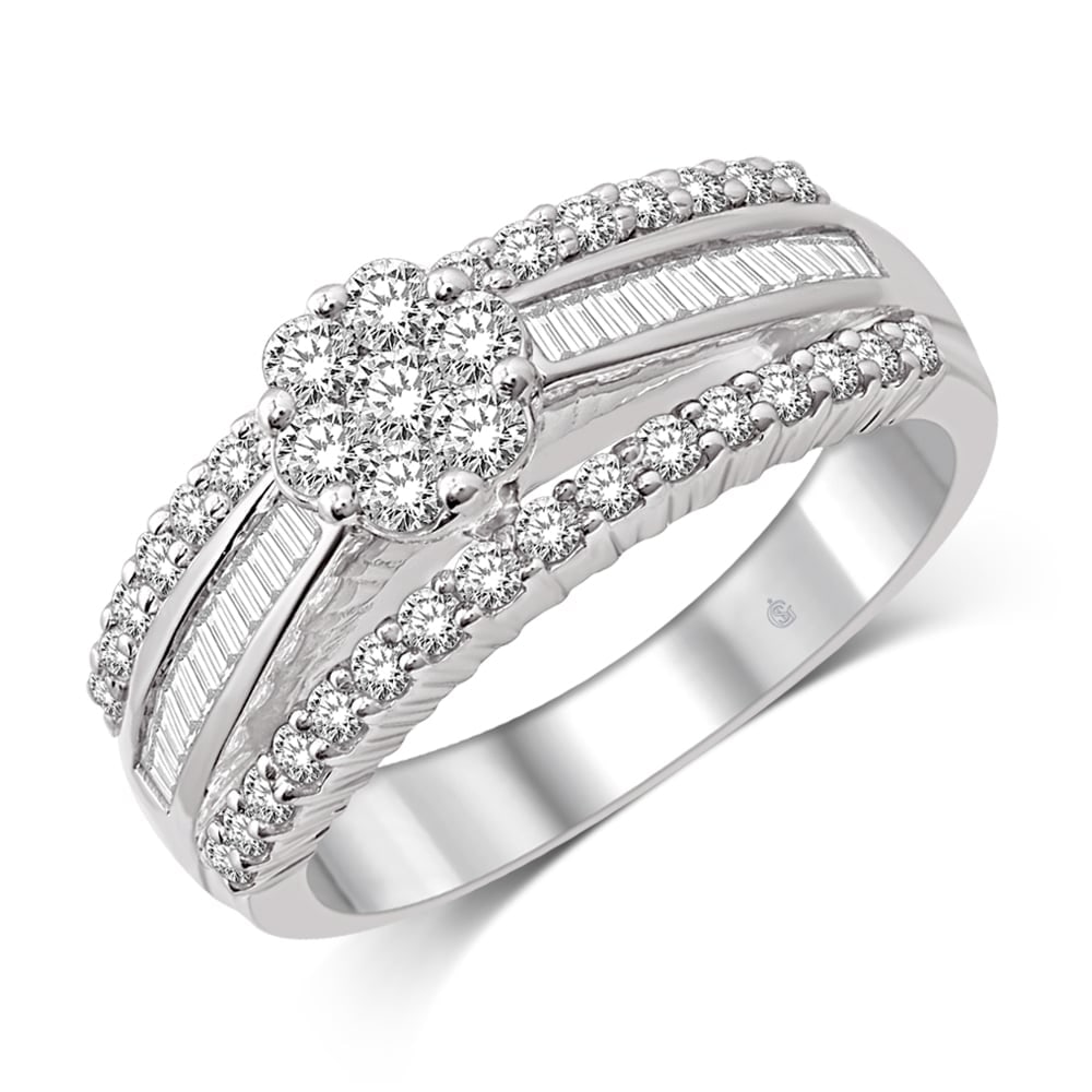 14K White Gold 2 Ct.Tw. Diamond Engagement Ring: 14K White Gold 2 Ct.Tw. Diamond Engagement Ring This beautiful ring is available in 14K White Gold. There are 61 round / straight baguette diamonds with a total carat weight of 2 Ct.Tw. set in a chann