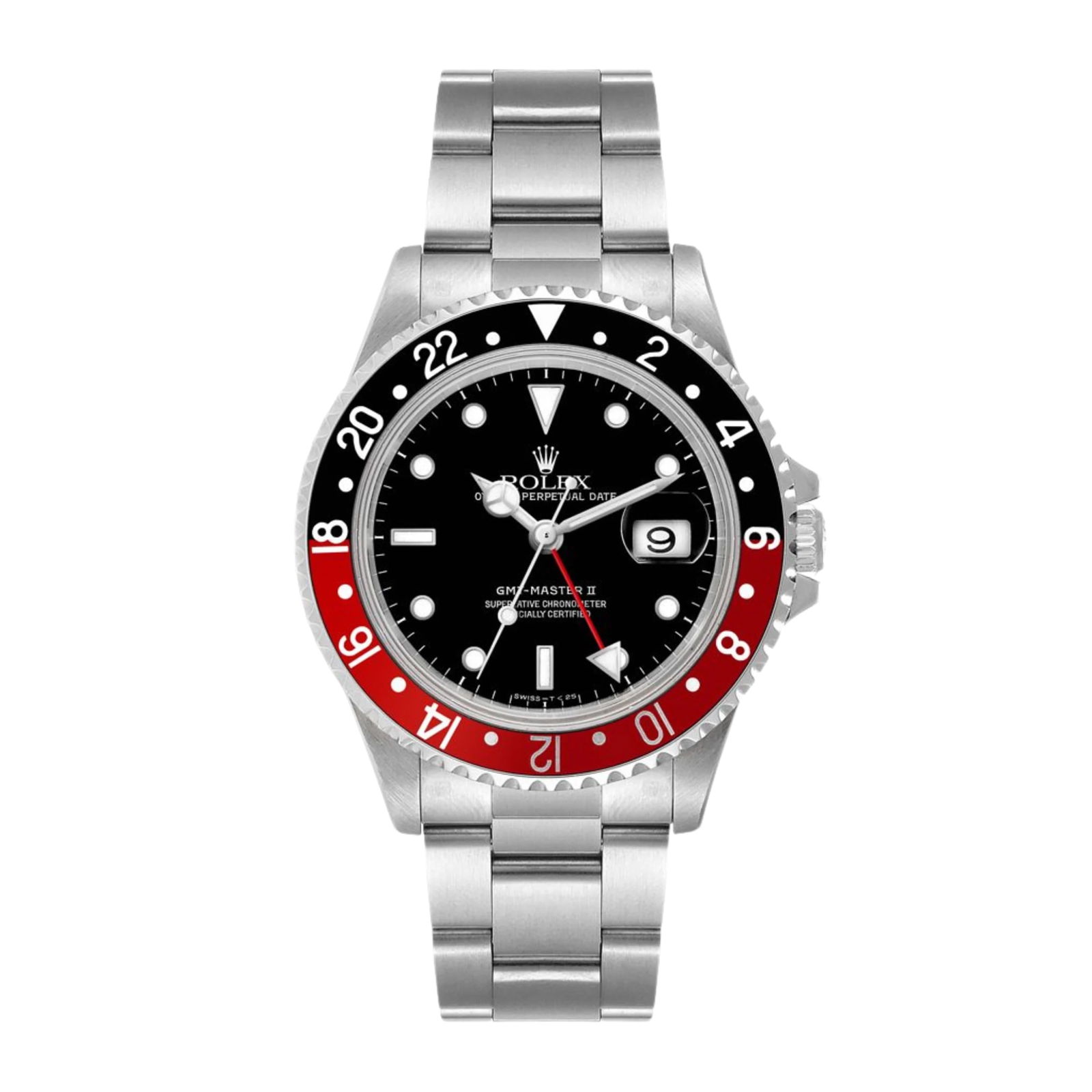1996 Rolex 16710 Oyster Bracelet GMT-Master II Coke Black Dial Watch with Papers: 1996 Rolex 16710 Oyster Bracelet GMT-Master II Coke Black Dial Watch with Papers This Rolex GMT-Master II Coke features a black dial and a distinctive aluminum bezel, presented on an Oyster bracelet.