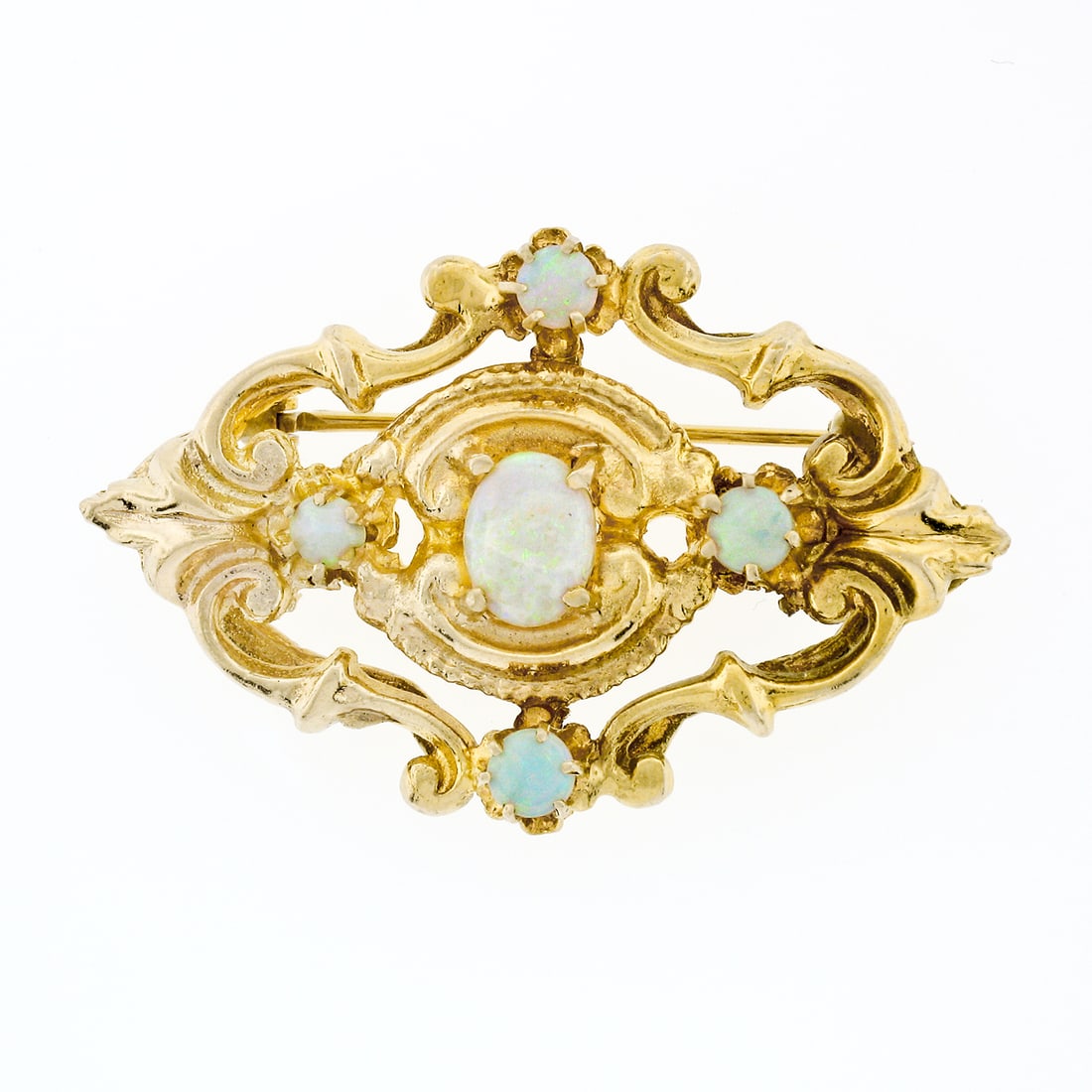 Vintage 14K Yellow Gold Opal Open Work Brooch Pin Pendant: Vintage 14K Yellow Gold Opal Open Work Brooch Pin Pendant This exquisite vintage brooch pin pendant is crafted from solid 14K yellow gold, showcasing a beautifully detailed openwork design. The center