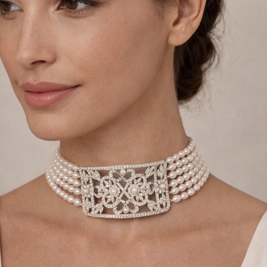 Diamond and Pearl Choker Necklace in 18K White Gold 10.00 Carat: Diamond and Pearl Choker Necklace in 18K White Gold 10.00 Carat This elegant choker necklace is crafted in 18K white gold and features an array of pearls accented by approximately 10.00 carats of diam