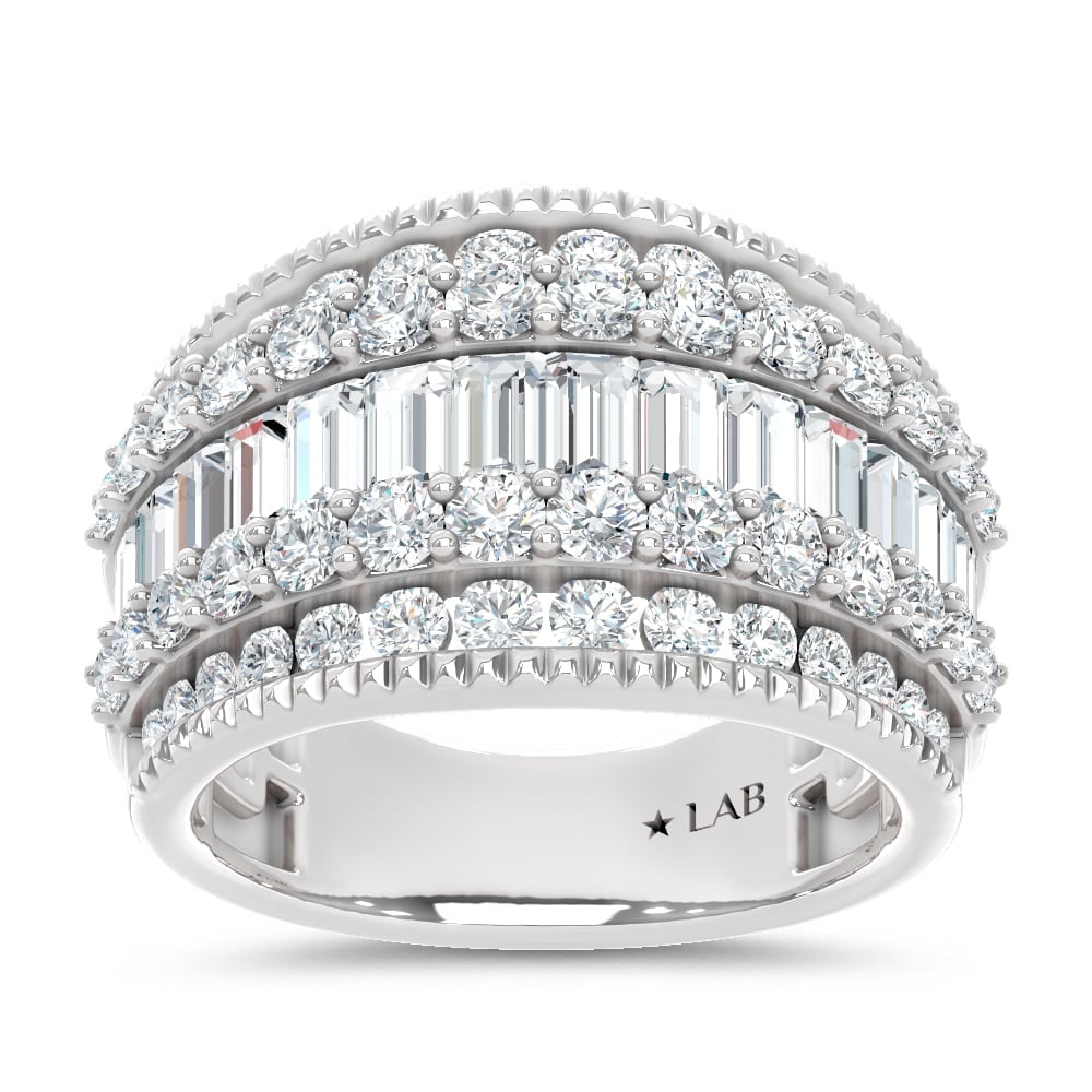 14K White Gold Lab Grown Diamond 2 1/2 Ct.Tw. Round and Baugette Fashion Ring: 14K White Gold Lab Grown Diamond 2 1/2 Ct.Tw. Round and Baugette Fashion Ring This elegant 14K White Gold fashion ring is set with round and baguette lab grown diamonds totaling 2 1/2 Ct.Tw., offering
