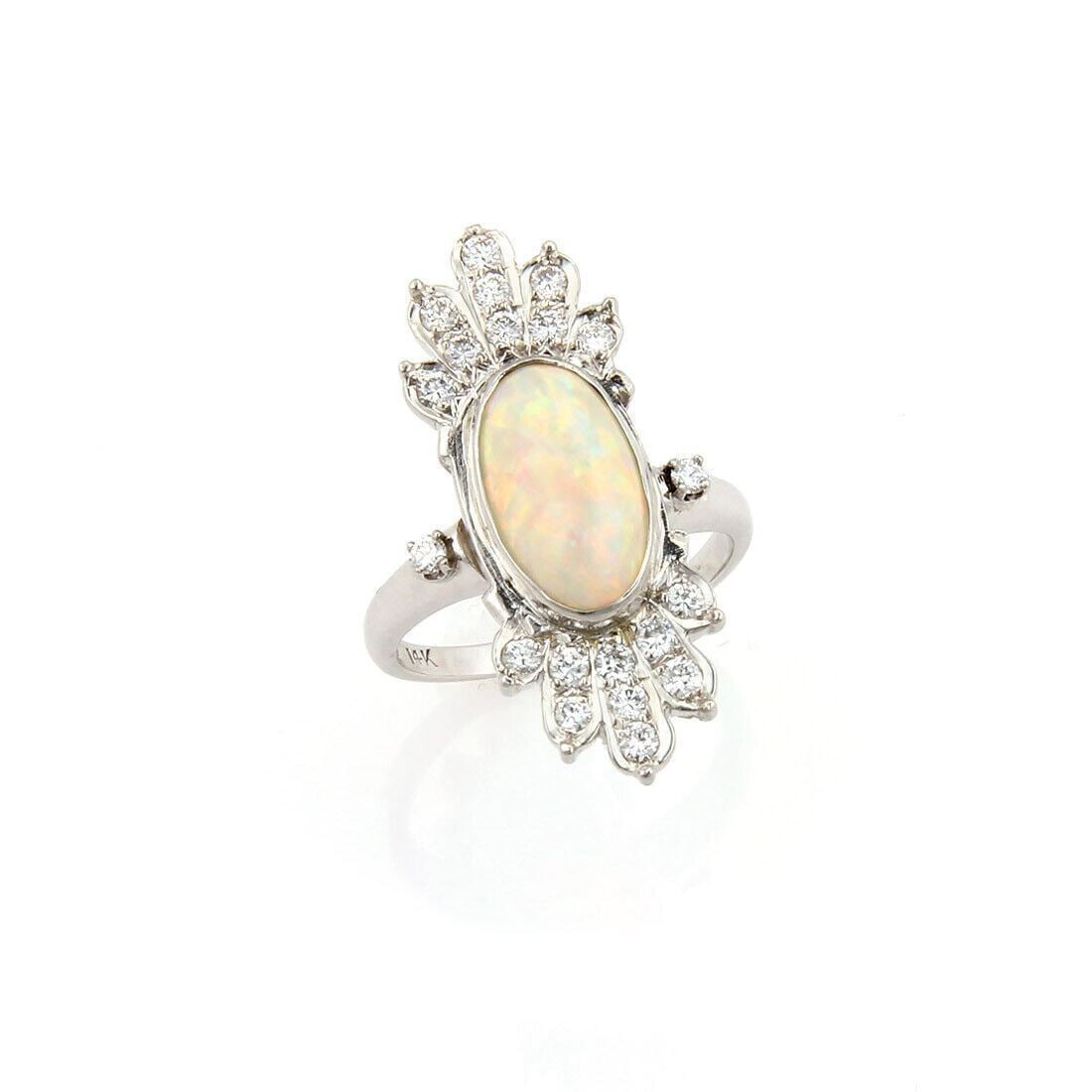 Vintage 14k White Gold Ring with Diamond and Fire Opal Size 6.5: Vintage 14k White Gold Ring with Diamond and Fire Opal Size 6.5 This vintage ring features a diamond and fire opal set in 14k white gold. The ring is size 6.5 and showcases a 0.50 total carat weight d
