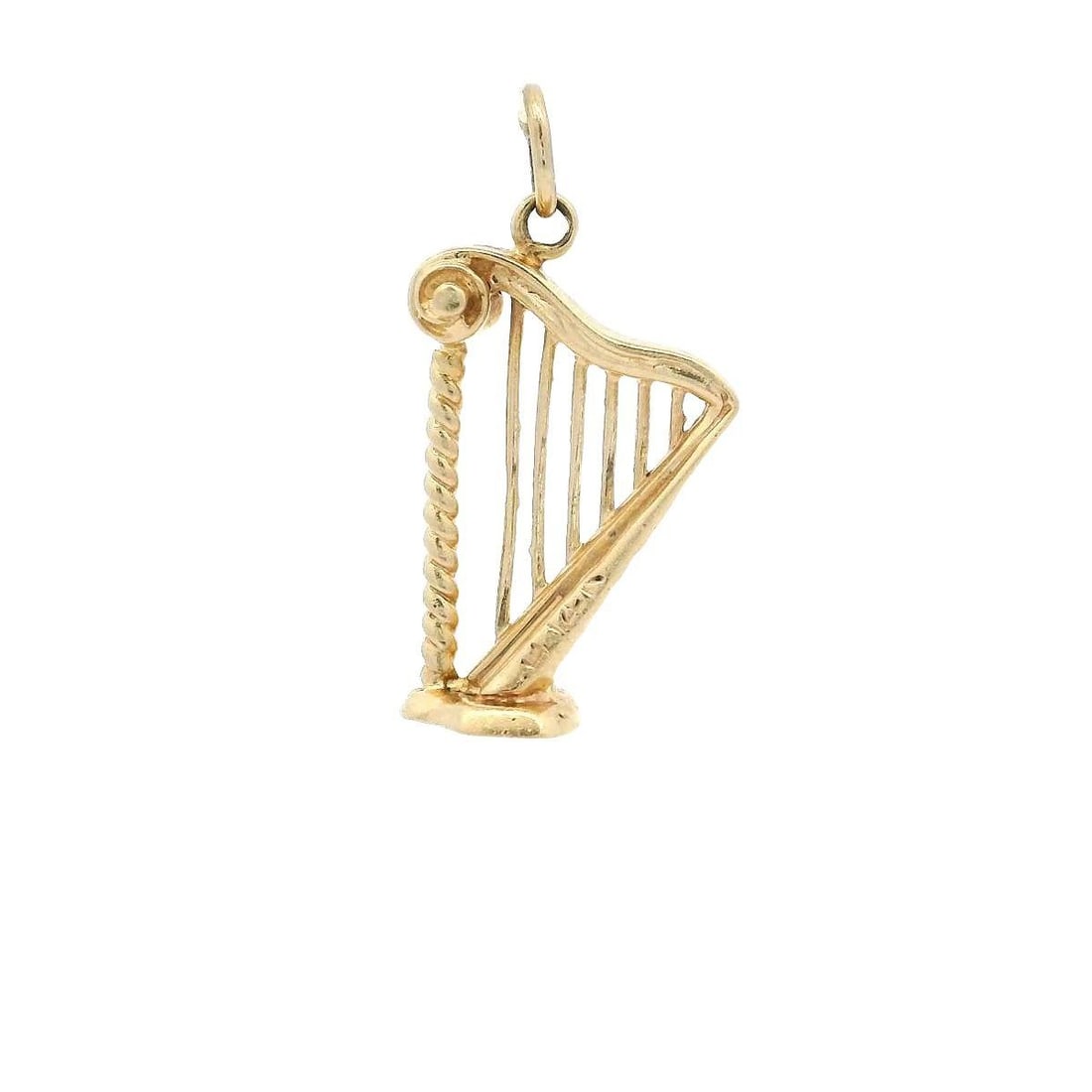 Vintage 3D Harp Charm Pendant in 13-14K Yellow Gold: Vintage 3D Harp Charm Pendant in 13-14K Yellow Gold This vintage collectible charm pendant showcases a beautifully detailed 3D harp design, crafted from solid 13-14K yellow gold. Weighing 3.74 grams,
