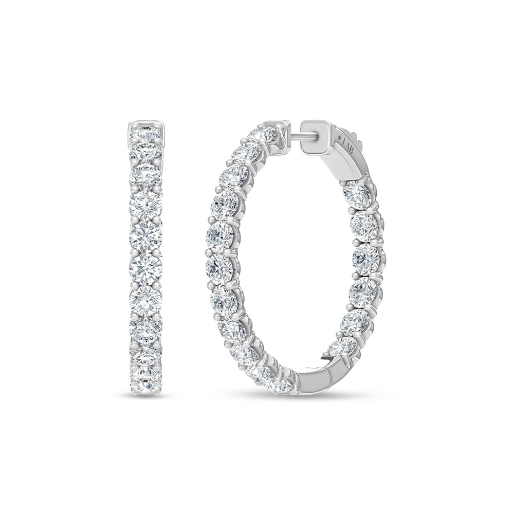 14K White Gold Lab Grown Round Diamond 3 Ct.Tw. In and Out Hoop Earrings: 14K White Gold Lab Grown Round Diamond 3 Ct.Tw. In and Out Hoop Earrings Stunning 14K white gold hoops featuring 3 Ct.Tw. lab-grown round diamonds, in and out style. 14k White Gold Stone Color: D-f St