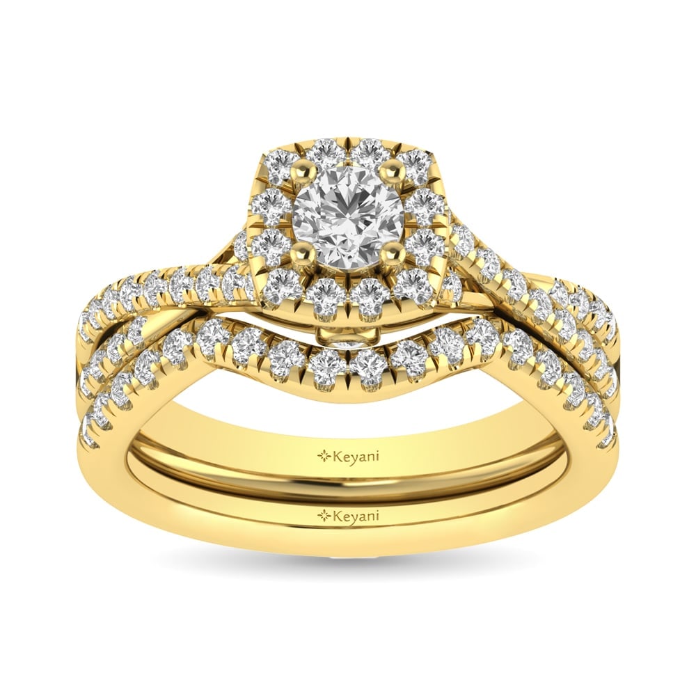 Diamond Twist Shank Single Halo Bridal Ring 1 Ct.tw Round Cut in 14K Yellow Gold: Diamond Twist Shank Single Halo Bridal Ring 1 Ct.tw Round Cut in 14K Yellow Gold This Twist Shank Single Halo Bridal Ring set with Round Cut diamond 1/3 Ct.Tw. center. Total diamond weight 1 Ct.Tw. 14