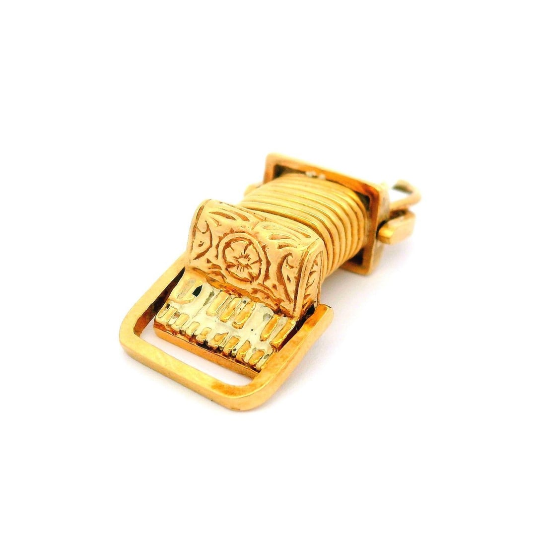 Vintage 13-14k Yellow Gold Enamel 3D Accordion Charm Pendant: Vintage 13-14k Yellow Gold Enamel 3D Accordion Charm Pendant This vintage operable accordion charm pendant is a stunning piece crafted from solid 13-14k yellow gold, showcasing intricate 3D detailing