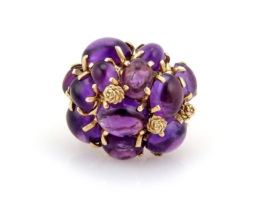 Vintage 14k Yellow Gold Cluster Ring with Amethyst Cabochon Size 6: Vintage 14k Yellow Gold Cluster Ring with Amethyst Cabochon Size 6 This vintage cluster ring features a prominent amethyst cabochon set in 14k yellow gold. The intricate design highlights the elegant