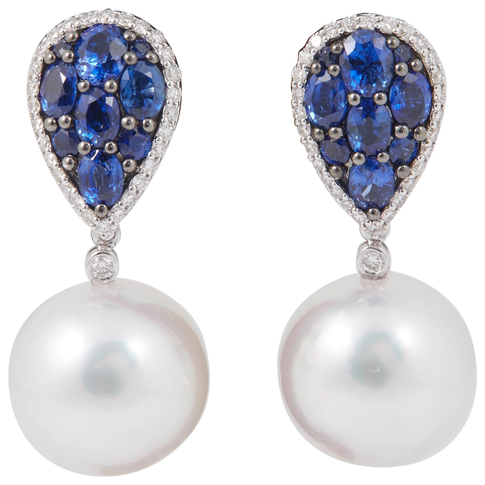 Harbor Diamonds 18k White Gold South Sea Pearl Sapphire Dangle Earrings: Harbor Diamonds 18k White Gold South Sea Pearl Sapphire Dangle Earrings Elevate your elegance with these stunning South Sea Pearl and Sapphire Cluster Dangle Earrings. Crafted from luxurious 18k white