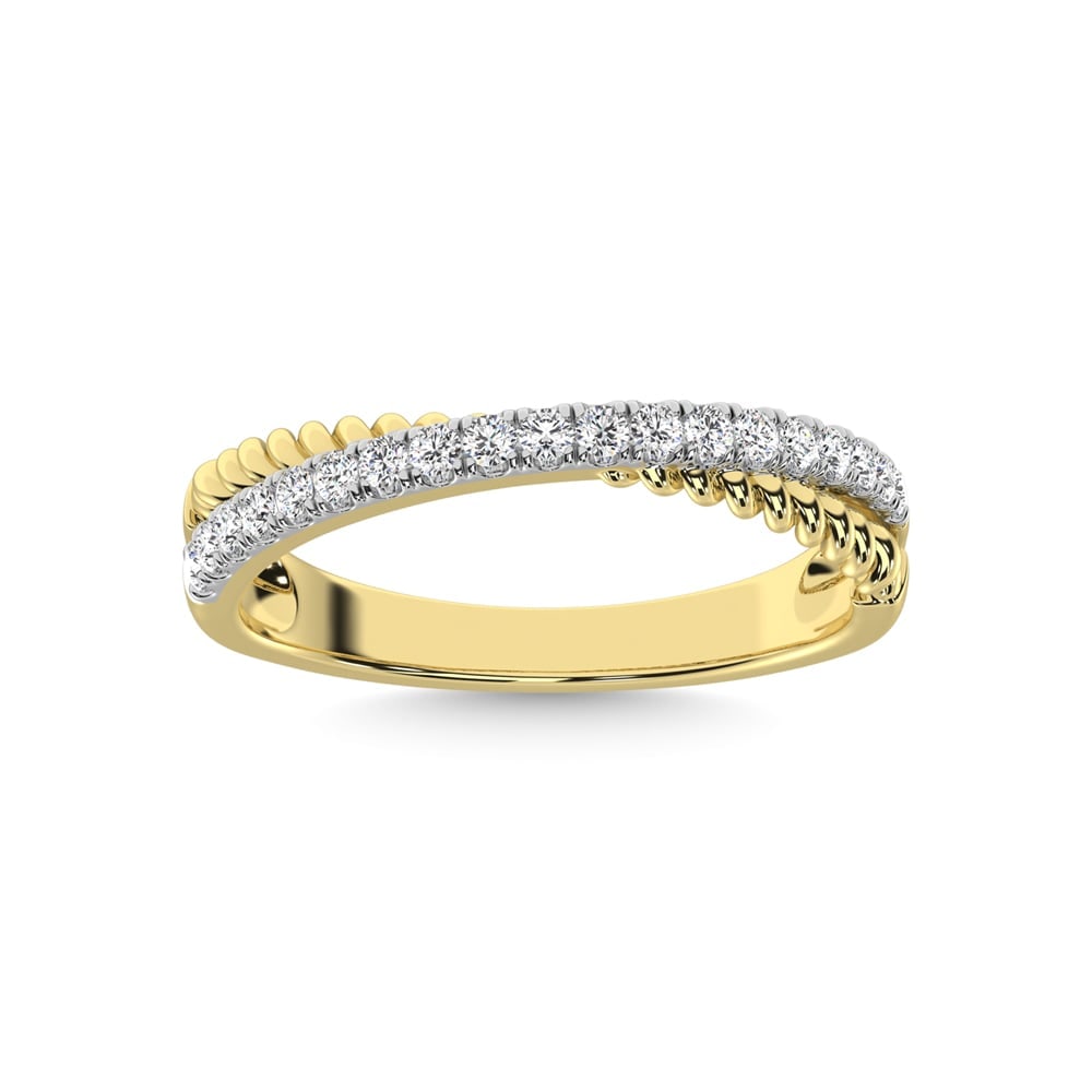 10K Yellow Gold Diamond 1/4 Ct.Tw. Crossover Fashion Ring: 10K Yellow Gold Diamond 1/4 Ct.Tw. Crossover Fashion Ring 10k Yellow Gold Stone Color: G-h Stone Clarity: I1 Each ring is presented in standard size 6.5. Complimentary resizing is available between si