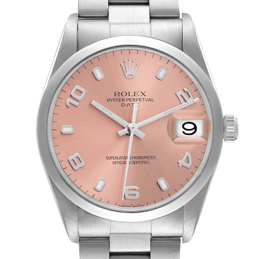 Oyster Perpetual Date 15200 Pink Dial Rolex Watch with Papers 2003: Oyster Perpetual Date 15200 Pink Dial Rolex Watch with Papers 2003 This Rolex Oyster Perpetual Date features a pink dial and a smooth bezel, presented on an Oyster bracelet. The timepiece is reference